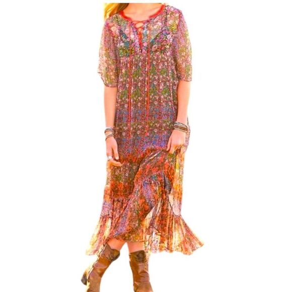 SUNDANCE Shadded Grove Floral Sheer Maxi Slip Dress Lace-up Neck Size M - Picture 2 of 12